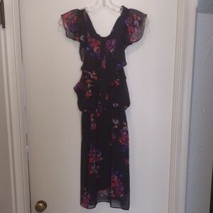 Esley Black Floral Midi Dress with Ruffle Sleeves (J557)